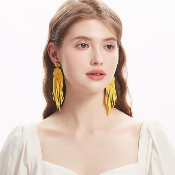 Long Boho Yellow Beaded Tassel Fringe Dangling Drop Fan Chandelier Post Earrings - Picture 5 of 7